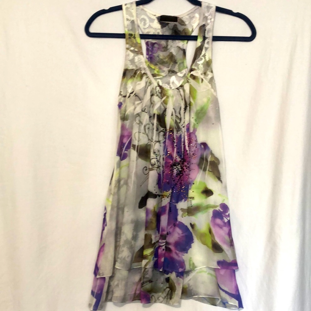 Crimson Ivy Floral High/Low Beaded Racerback Tank Top Blouse Size Small